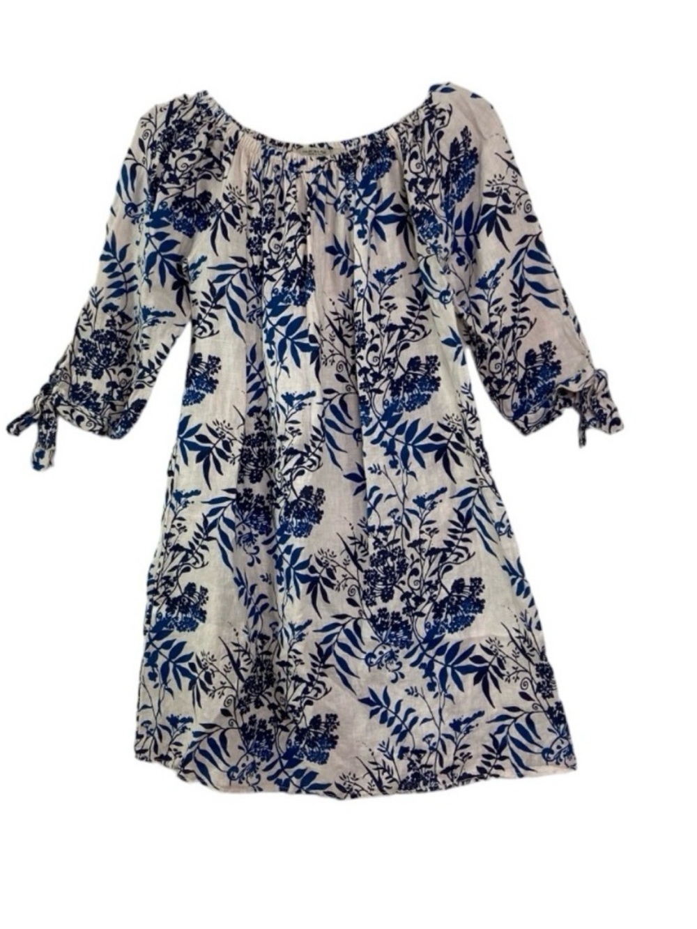 Valentina Naldi Italian Linen Floral Off-Shoulder Tunic Dress - Blue on Cream - Picture 3 of 10